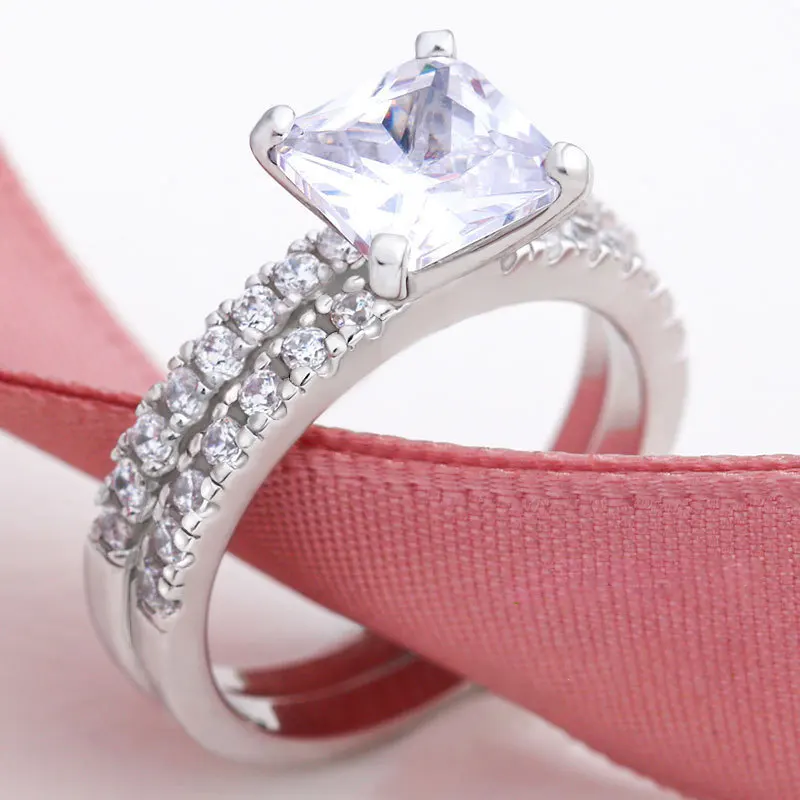 2 Pcs Wedding Ring Set Classic Jewelry Princess Cut AAA CZ 925 Sterling Silver Engagement Rings For Women | Украшения и