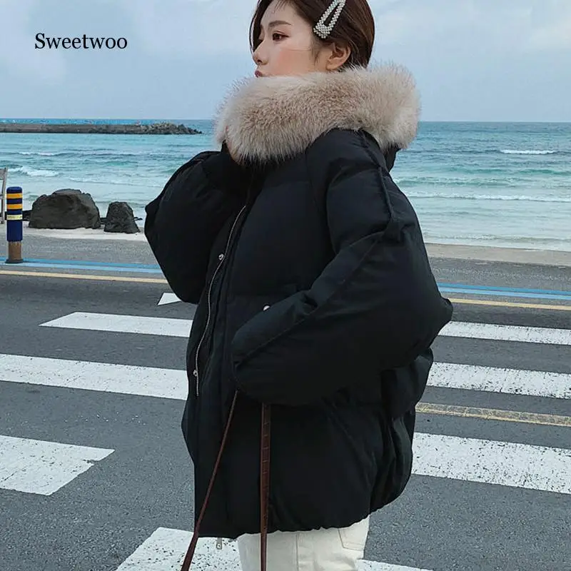 Women Winter Jacket Parkas Big Fur Collar Hooded Coat 2020 New Causal Long Sleeve Thicken Loose Female Solid Parkas Coat