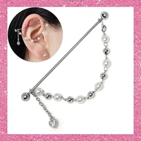 cz zircon pendant chain industrial piercing earrings helix cartilage pircing stainless steel barbell 38mmbar long rod ear bridge