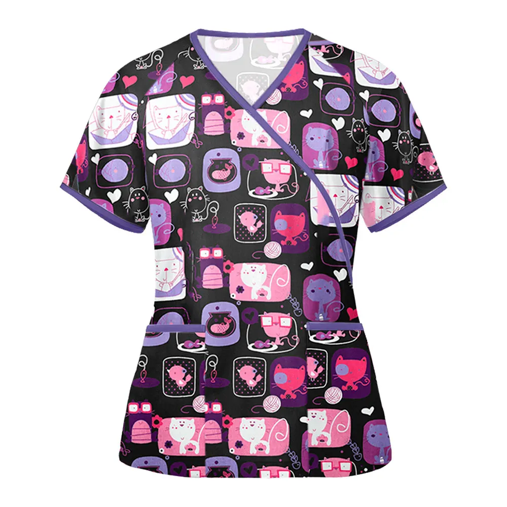 

Printed Work Wear Nursing Top Women Short Sleeve V Neck T Shirt Summer Tops Casual Nursing Uniform T Shirt Medical Work Uniforms