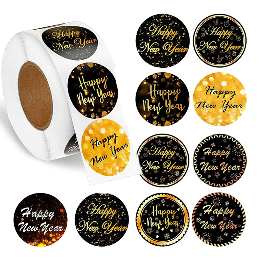 

500 шт., наклейки на новый год, черные золотые уплотнительные наклейки, наклейки на рождественские подарочные карты, конверты, коробки