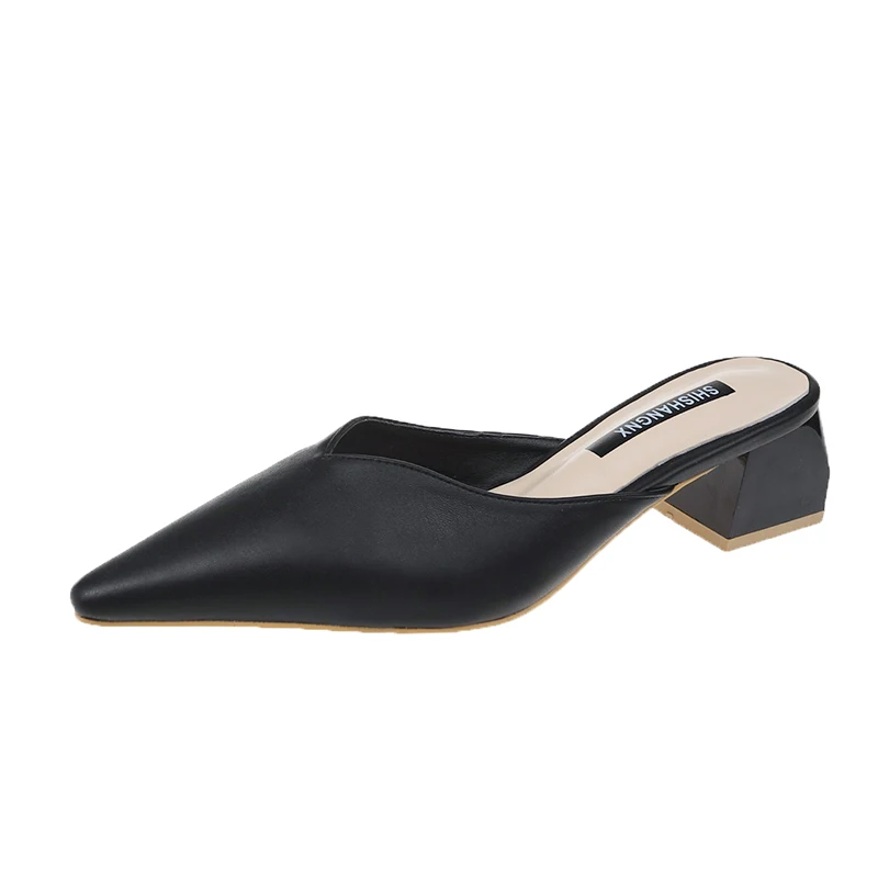 

Med Cover Toe Shoes Mules For Women 2021 Square heel Female Slippers Loafers Slides Block New Pointed Rome Hoof Heels PU Rubber