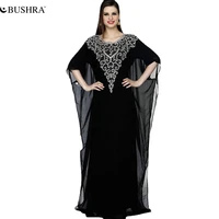 bushra muslim women dresses black embroidered diamonds middle east printed chiffon loose robes abaya 2022 summer new fashion