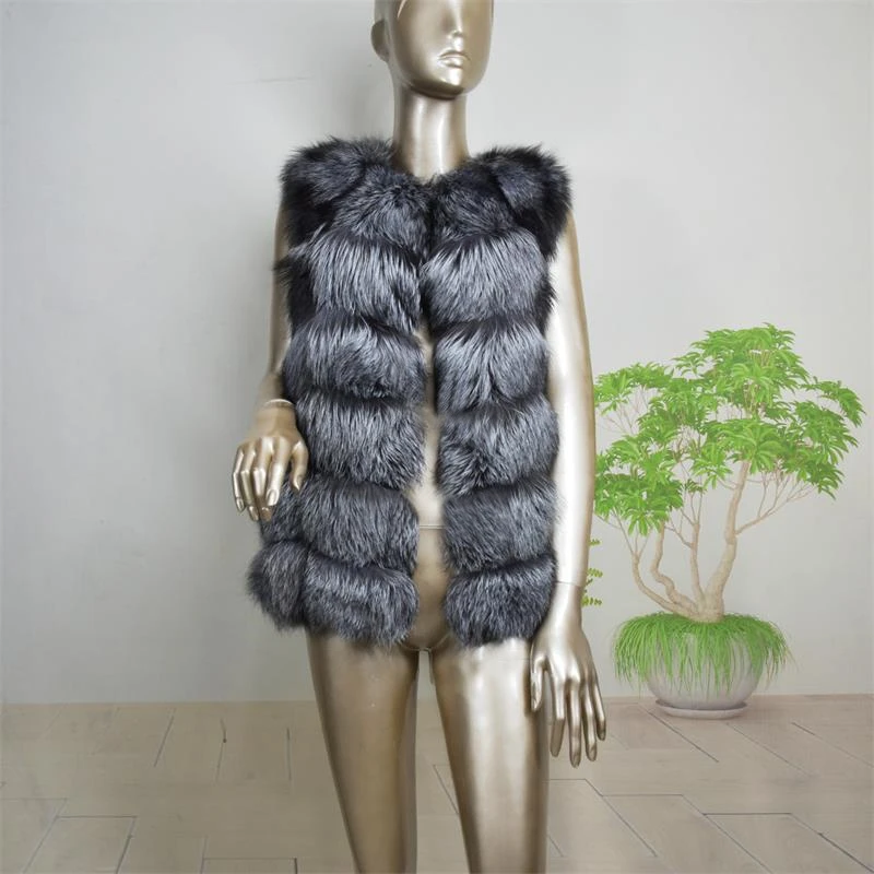 Winter Keep Warm Women Real Fox Fur Vest Casual Lady Genuine Silver Coat Sleeveless Drano  70 90 CM Clothing Free Shipping