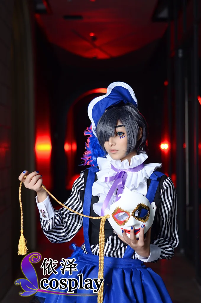 Комплект косплея Черный Дворецкий: костюм Циэля Фантомхайва из цирка, синий комбинезон + рубашка + жилет + шорты + шляпа + галстук.