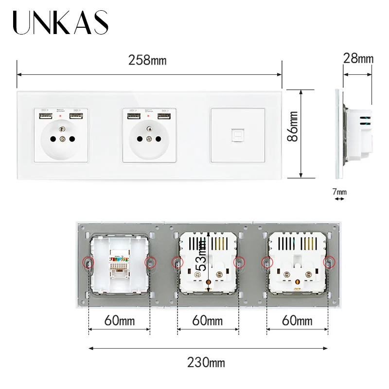 Двойная французская стандартная настенная розетка UNKAS со стеклянной панелью и 4