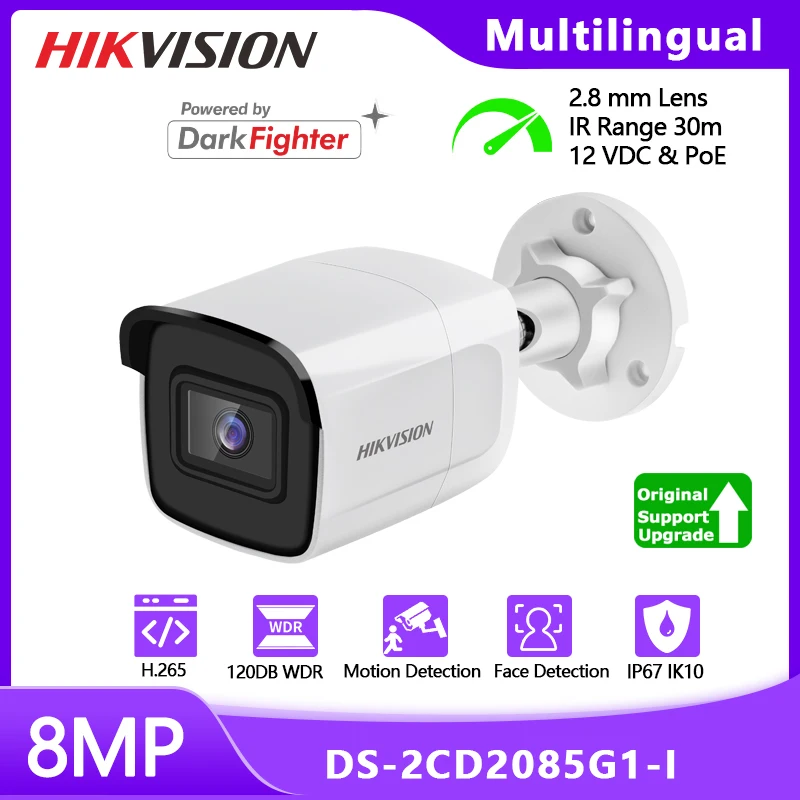 

Hikvision DS-2CD2085G1-I 2,8 мм 8 МП (4K) IR 30 м наружная цилиндрическая камера безопасности POE Darkfighter IP67 Встроенная SD обновленная IP-камера