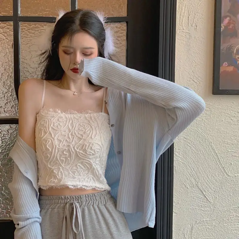 

Women Lace Flower Camisole Sexy Open Back Design Casual Fashion Korea Short Tops Ladies Street Casual Slim Ins
