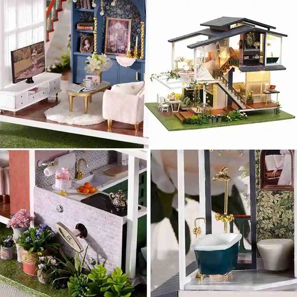 

DIY Hut French-style Villa Princess Doll House Toys Model Furniture 3D Wooden Miniature Dollhouse Toys for Birthday Presents
