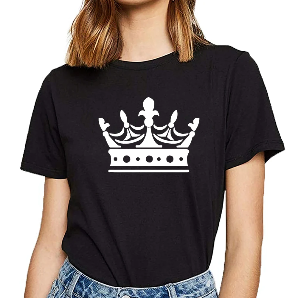 

Tops T Shirt Women crown symbol king queen emperor Basic Black Short Female Tshirt
