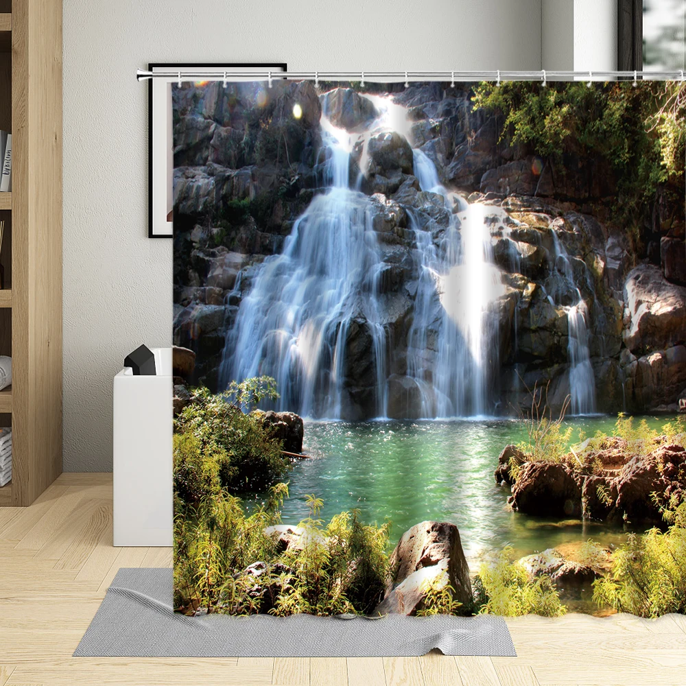 

Spring Waterfall Landscape Shower Curtain Rock Forest Green Natural Scenery Background Decoration Bathroom With Hook Washable