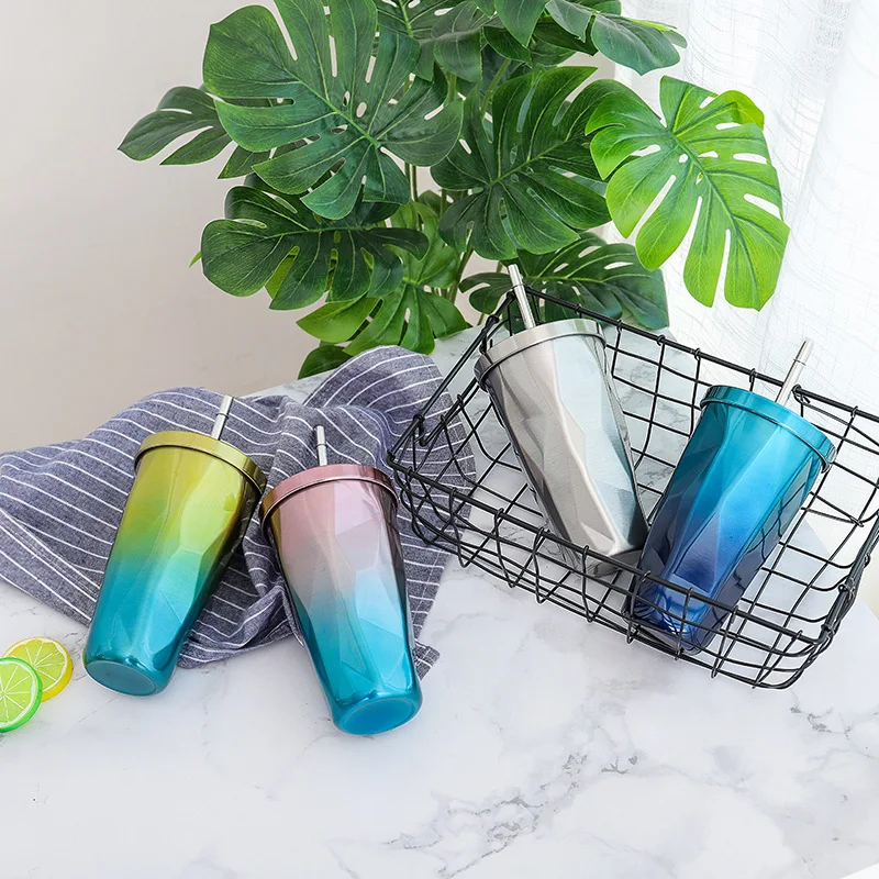 550ml Gradient Color Thermos Mug Irregular Coffee Cup with Lid Stainless Steel Vacuum Flask Creative Straw Thermal Bottle | Дом и сад