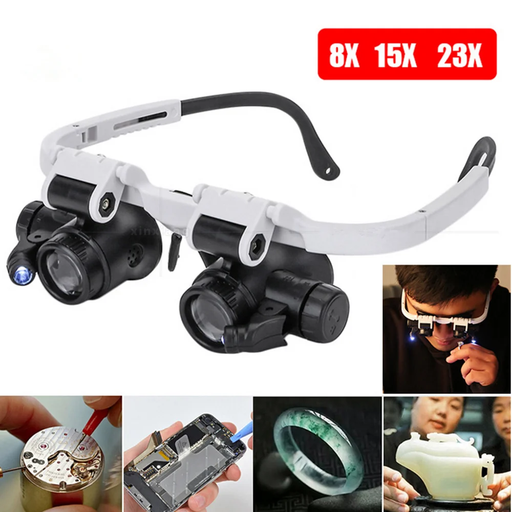

LED Glasses Magnifier Head-Mounted Illuminating Microscope Headband Repair LED Lamp Light Magnifying Glass 8x 15x 23x Magnifier