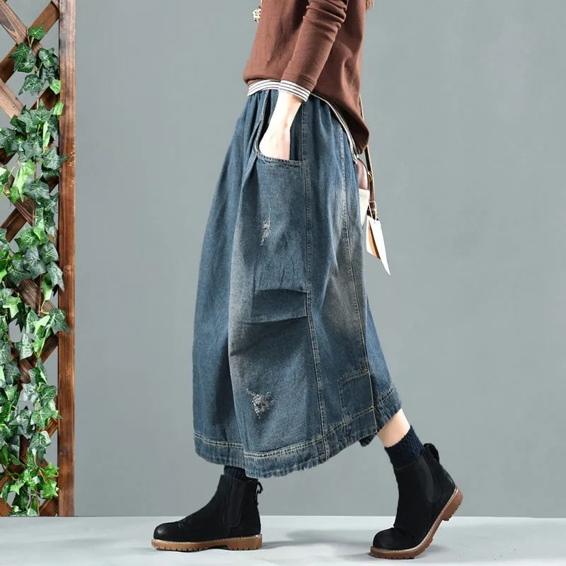 

Женская длинная джинсовая юбка, Повседневная Свободная юбка А-силуэта с эластичным поясом и большими карманами, модель A67 на весну и осень