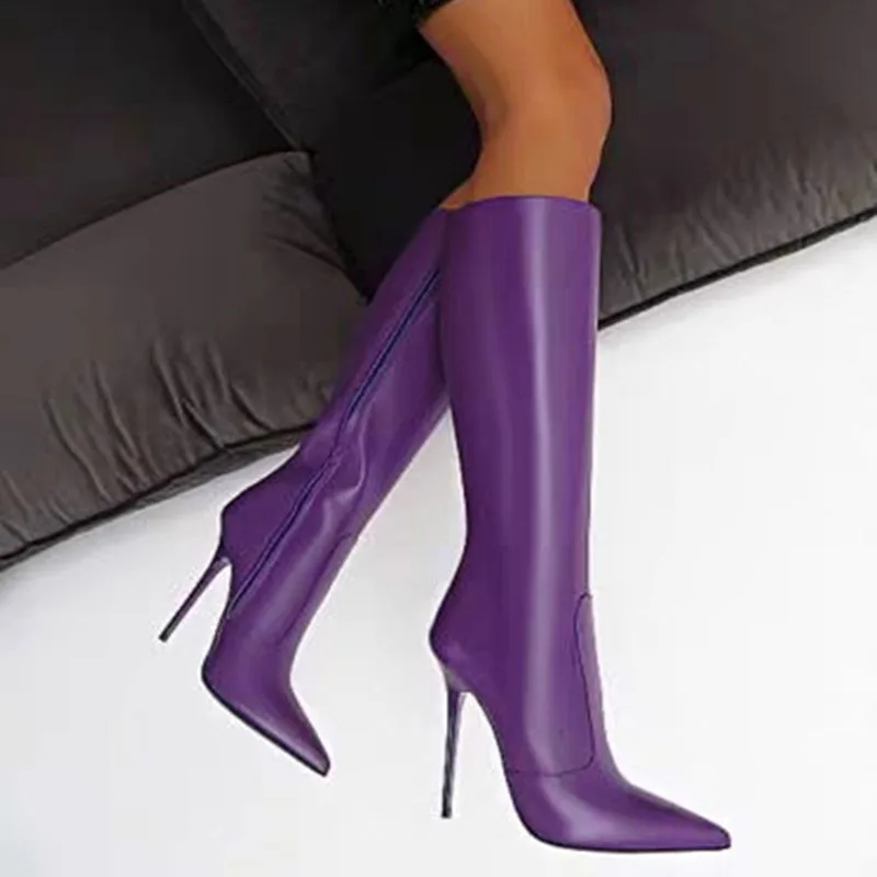 

Knee High Leather Boots Spring Women Stiletto High Heeled Zipp Up Solid Shoes Pointed Toe Fashion Ladies Shoes