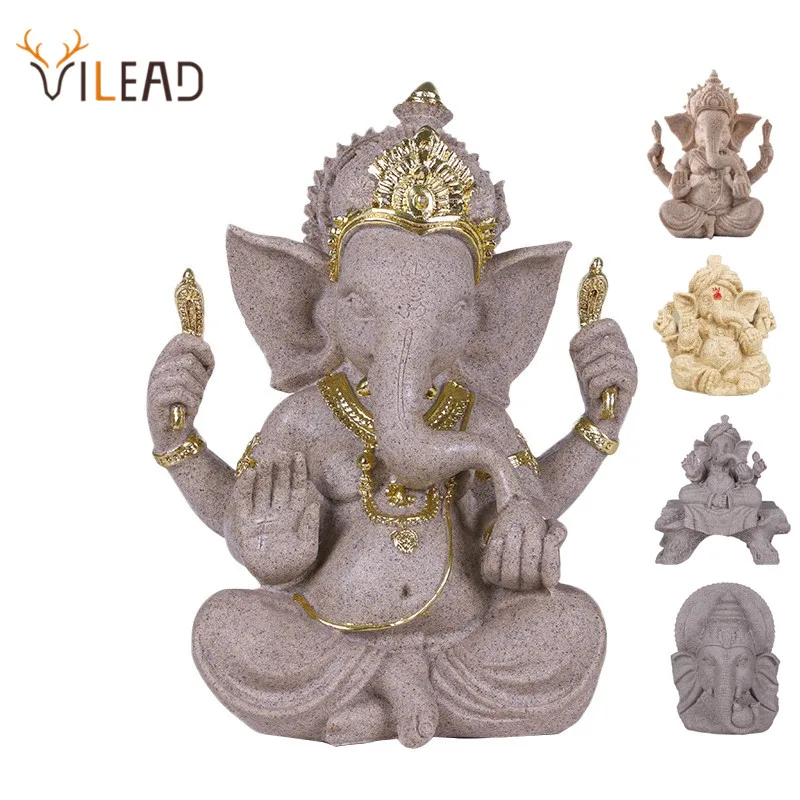 

VILEAD Sandstone Indian Ganesha Elephant God Statue Religious Hindu Elephant-Headed Fengshui Buddha Sculpture Home Decor Crafts