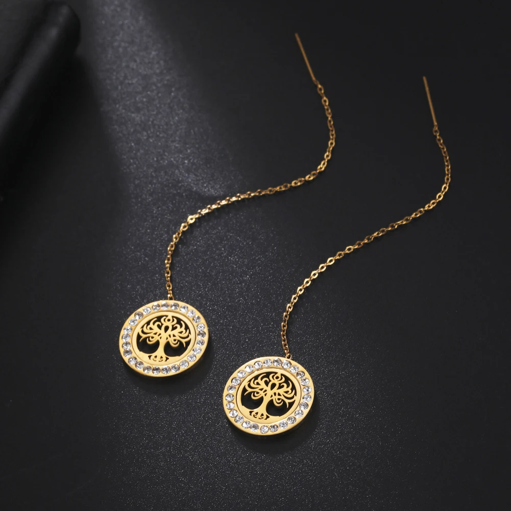 

Lucktune Cute Crystal Tree of Life Earrings For Women Long Line Ear Line Stainless Steel Tassel Drop Earrings Elegant Jewelry
