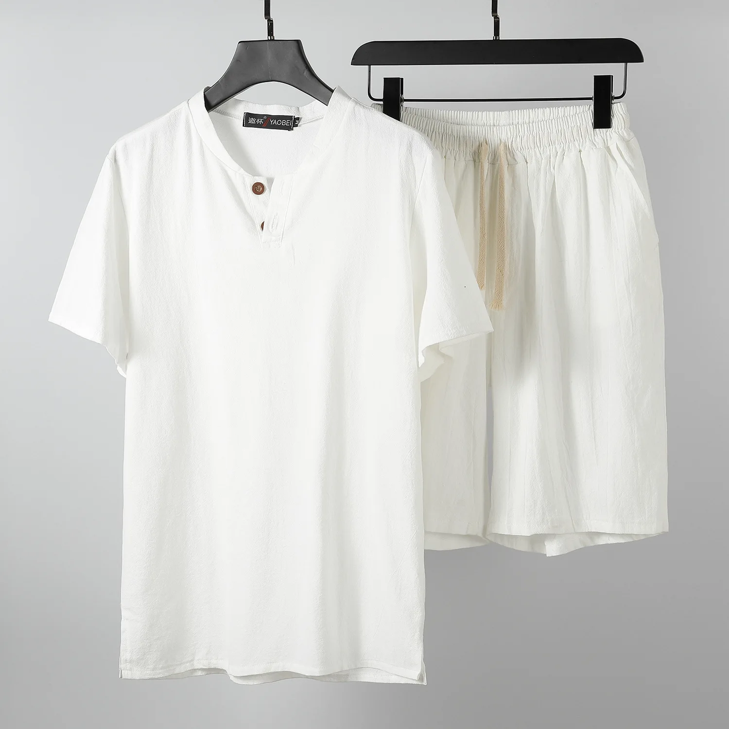 

Summer Chinese style linen casual cotton and linen short-sleeved t-shirt men's half-sleeved t-shirt men's v-neck two-piece suit