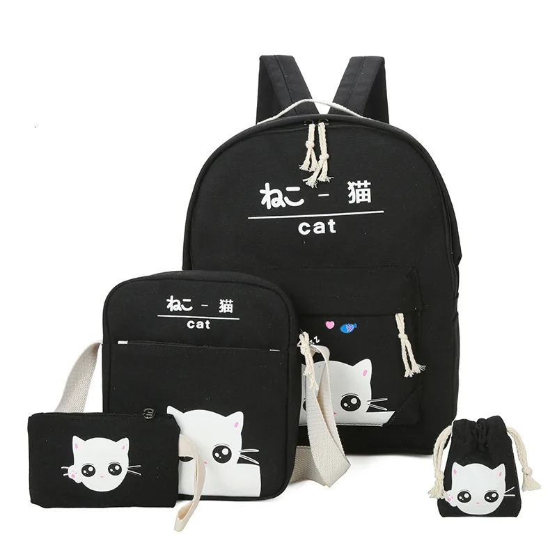 Fashion Cartoon Kitten backpack for ladies High quality canvas school bag for teen girls College 4pcs/set school backpacks