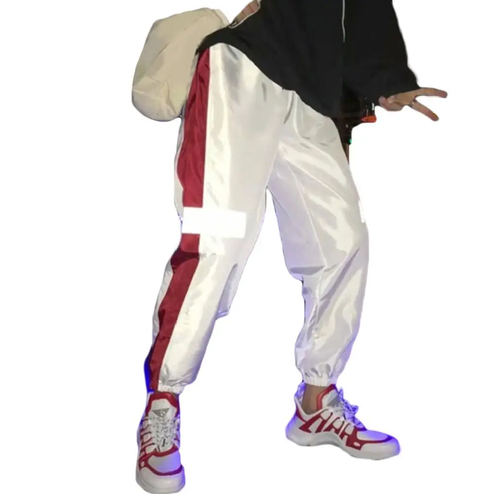 

Men Reflective Side Stripe Waist Drawstring Hip Hop Beam Pants Sports Trousers Waist Drawstring Hip Hop Beam Pants Sports Trouse