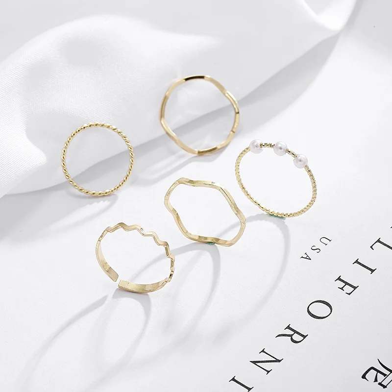 

5 Pcs/Set Gold New Fashion Irregular Geometric Smooth Waves Ring Open Finger Pearl Ring For Women Jewelry S-R683