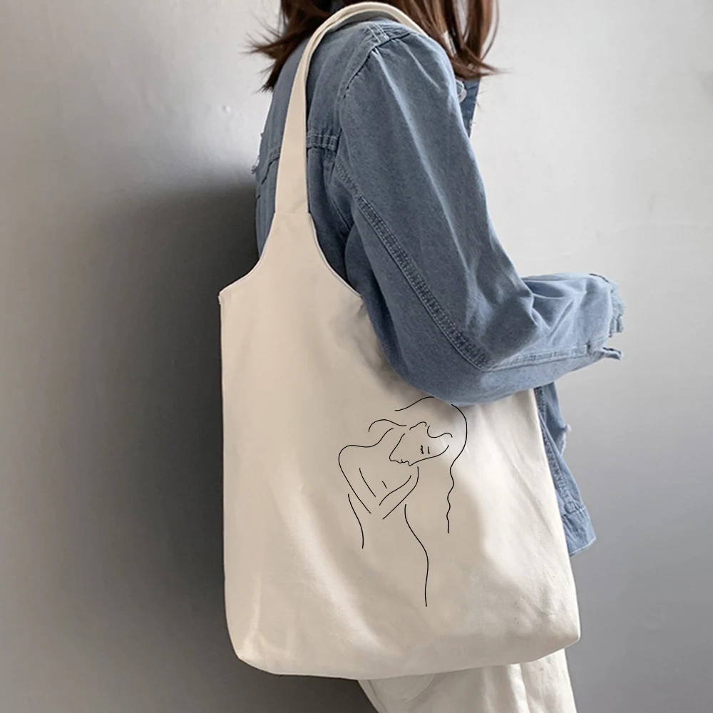 

Line Abstract Canvas Cotton Large Shopping Bags Simple Cartoon Print Shoulder Bags Tote Girls Solid Color Life Casual Hand Bag