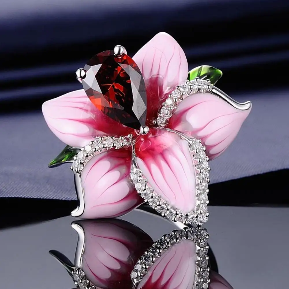 Модные ювелирные изделия покрытые серебром красная роза цветок эмалевые кольца