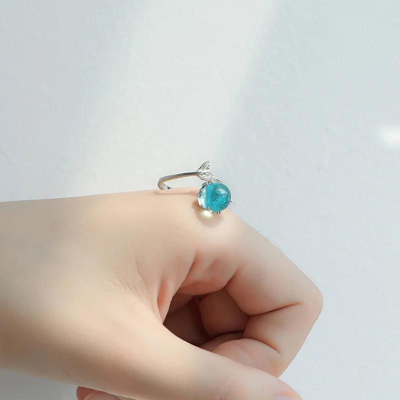 Оптовая продажа серебристые открытые кольца с синим кристаллом в форме русалки