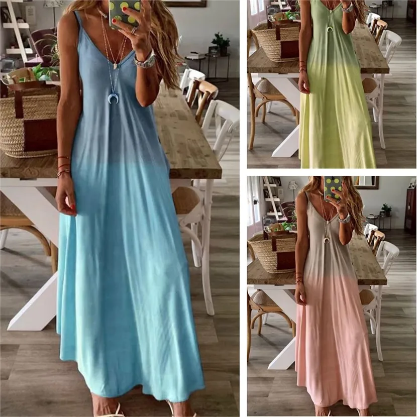

Plus Size Summer 2021 Sleeveless Dress Loose Women Clothes V-neck Sexy Beach Dress Fashion Ladies Blue Long Dresses Vestidos