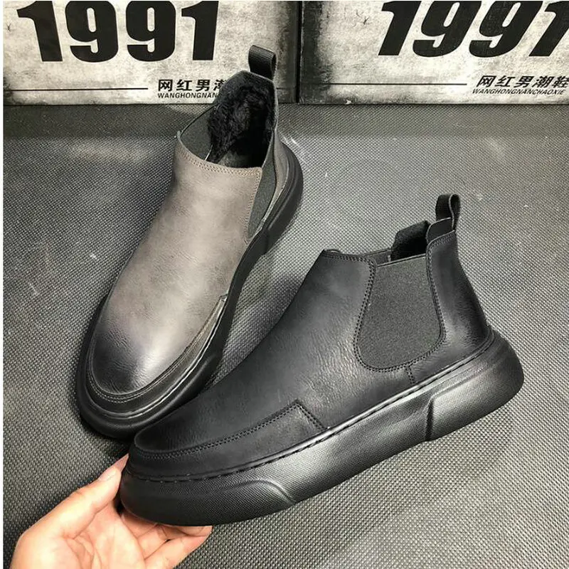 Мужские ботинки оксфорды на платформе Черные ботильоны без шнуровки