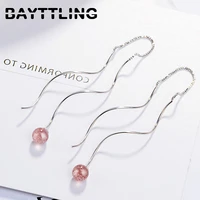 bayttling silver color 27mm fine round strawberry crystal long tassel drop earrings for woman fashion couple jewelry gift