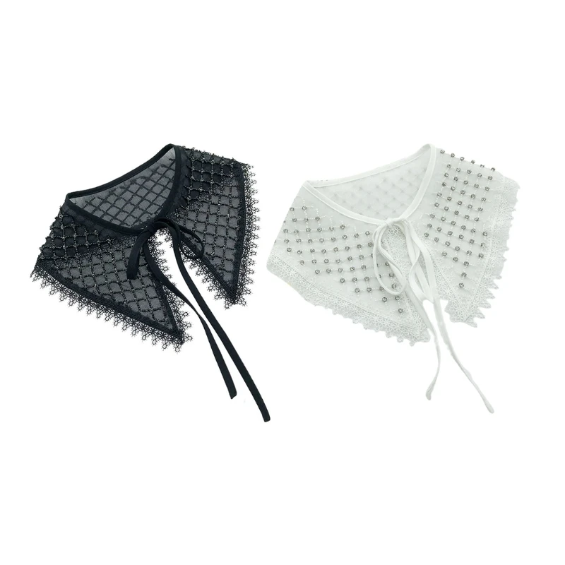 

Women Rhinestone Beaded Plaid False Collar Shawl Elegant Jewelry Doll Necklace Scarf Wrap Embroidery Lace Splicing Cape