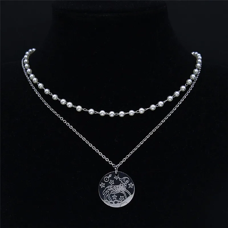 

Stainless Steel Pearl 12 Constellations Astrology Aries Pendant Necklace Women Silver Color Necklace Jewelry collar N9210S04