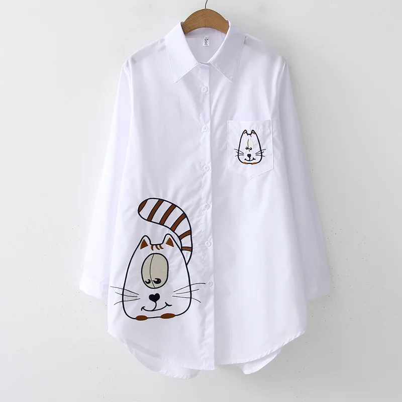 New White Shirt Casual Button Up Turn Down Collar Female Blouse Long Sleeve Cotton Blouse Embroidery Blouse Lady 5083 50 - Цвет: White-Coffee Cat