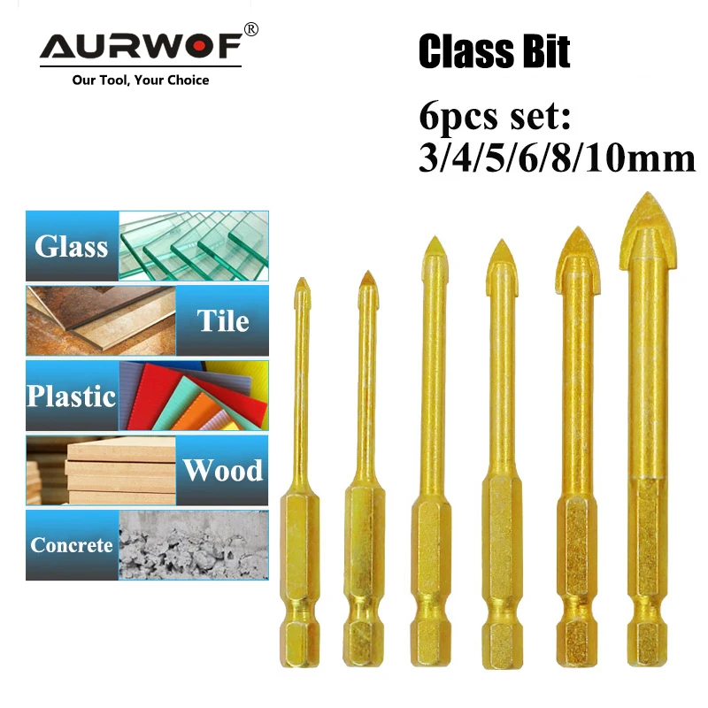 

6pcs 1/4" Hex Shank Glass Bits Titanium Coated Glass Drill Set 3 4 5 6 8 10mm Tile Concrete Flat Tip Hole Bit Drilling DB02008