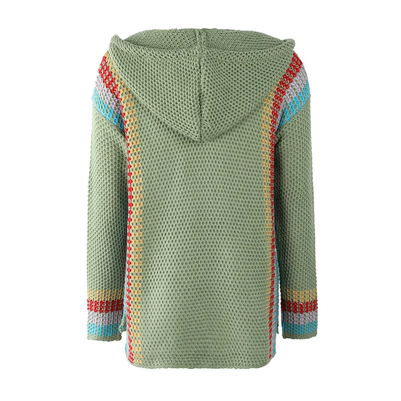 

Kalenmos Hooded Sweater Women Pockets Vertical Stripes Color Matching V-neck Casual Streetwear Loose Sweaters Woman Autumn 2020