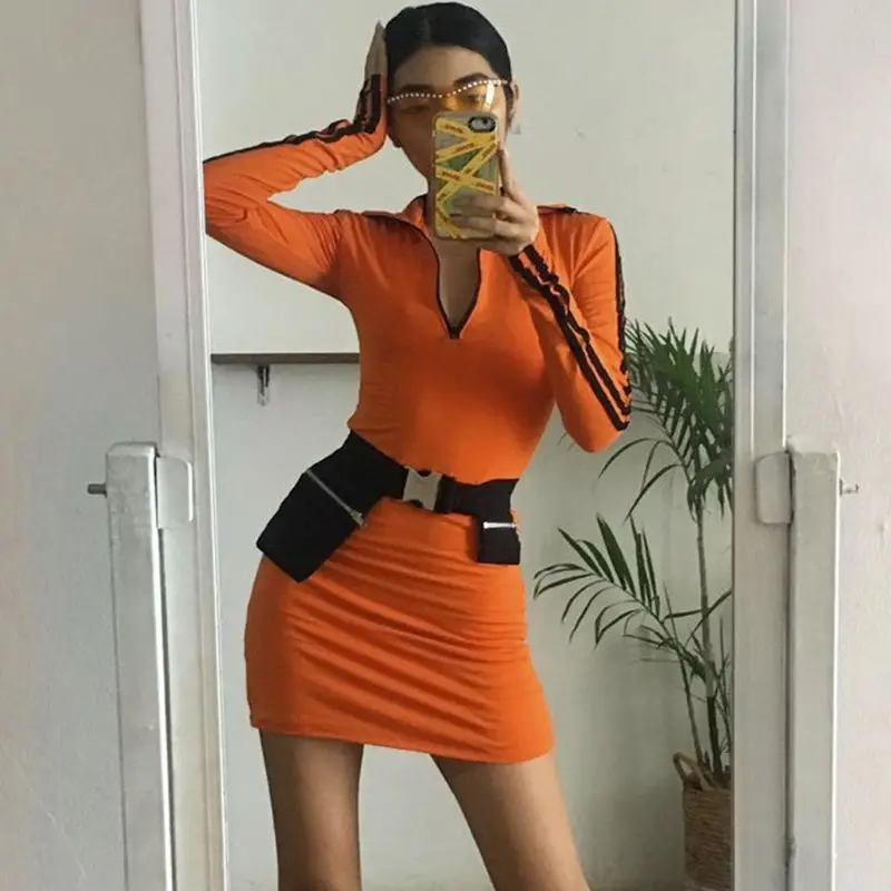 Женское пикантное мини-платье с высоким воротником на молнии длинным рукавом