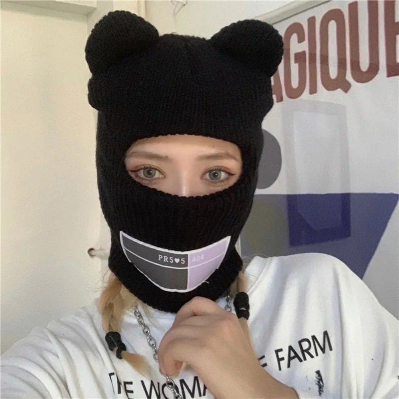 

Hot Bear Ear Balaclava Hat with Ear Cute Full Face Cover Ski Mask Beanies for Women 1 Hole Windproof Warm Streetwear Knitted