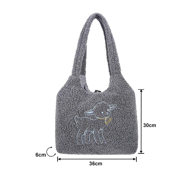 

Women Lamb Like Fabric Shoulder Bag Simple Canvas Handbag Tote Large Capacity Embroidery Shopping Bag Cute Book Bags For Girls