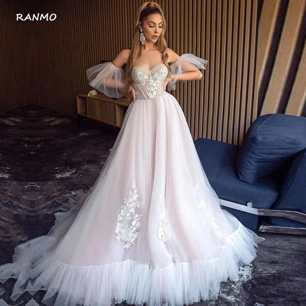 

RANMO Boho Wedding Dress Blush Pink Sweetheart Appliques Lace Separated Sleeves Princess Bridal Dress Bohemian Wedding Gown