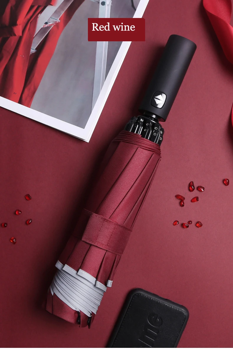 wine red Ветростойкий складной автоматический зонт с отражающими полосками для женщин авто большие ветрозащитные Зонты Мужская рамка безопасность - Цвет: wine red