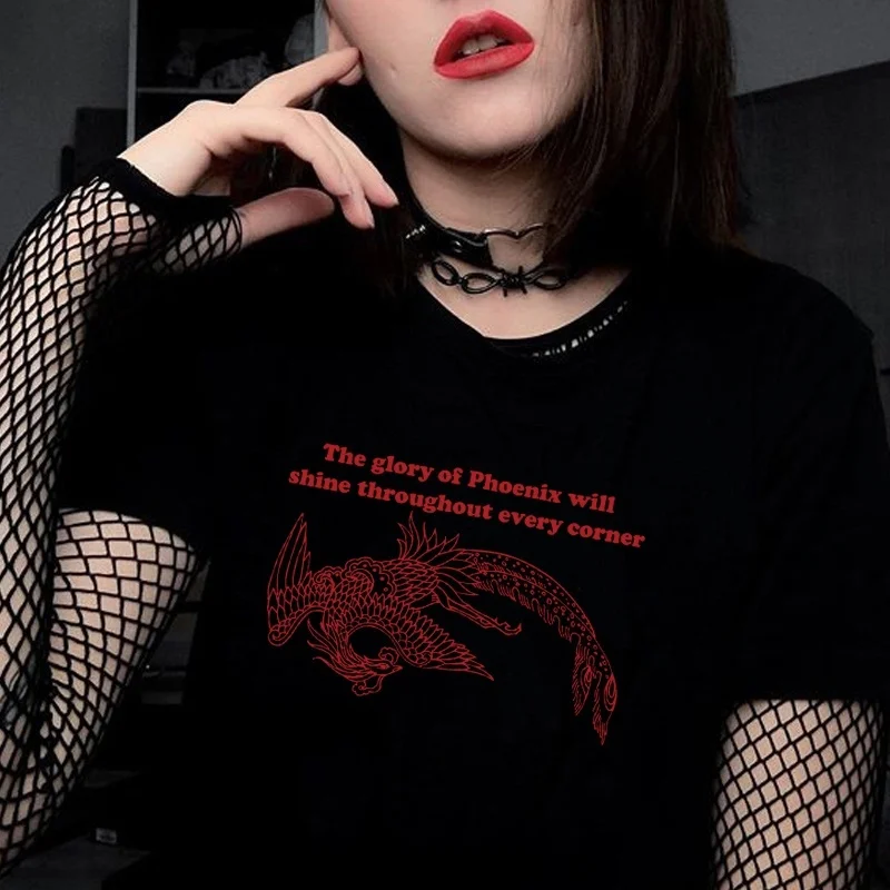 

kuakuayu HJN The Glory of Phoenix Will Shine Graphic Tee Harajuku Punk Style Cool Grunge Vintage Unisex Tee Top Black T-Shirt