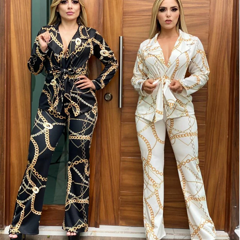 

Autumn 2021 New Fashion Women's Office Commuter Chiffon Rich Printed Lapel Shirt With Belt Temperament Micro Horn Trouser Suit