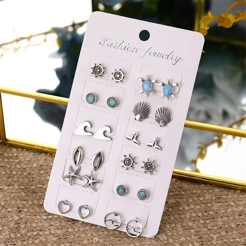 Набор женских серег-гвоздиков в богемном стиле винтажные геометрические серьги