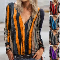 autumn women long sleeve v neck zip neckline stripes tie dye t shirt ladies office elegant tops female pullover clothing