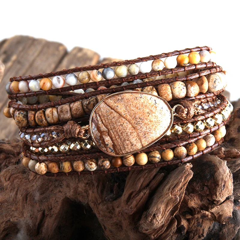 

MD New Designer Fashion Boho Bracelet Handmade Mixed Natural Stones Charm 5 Strands Wrap Bracelets Women Gift DropShip