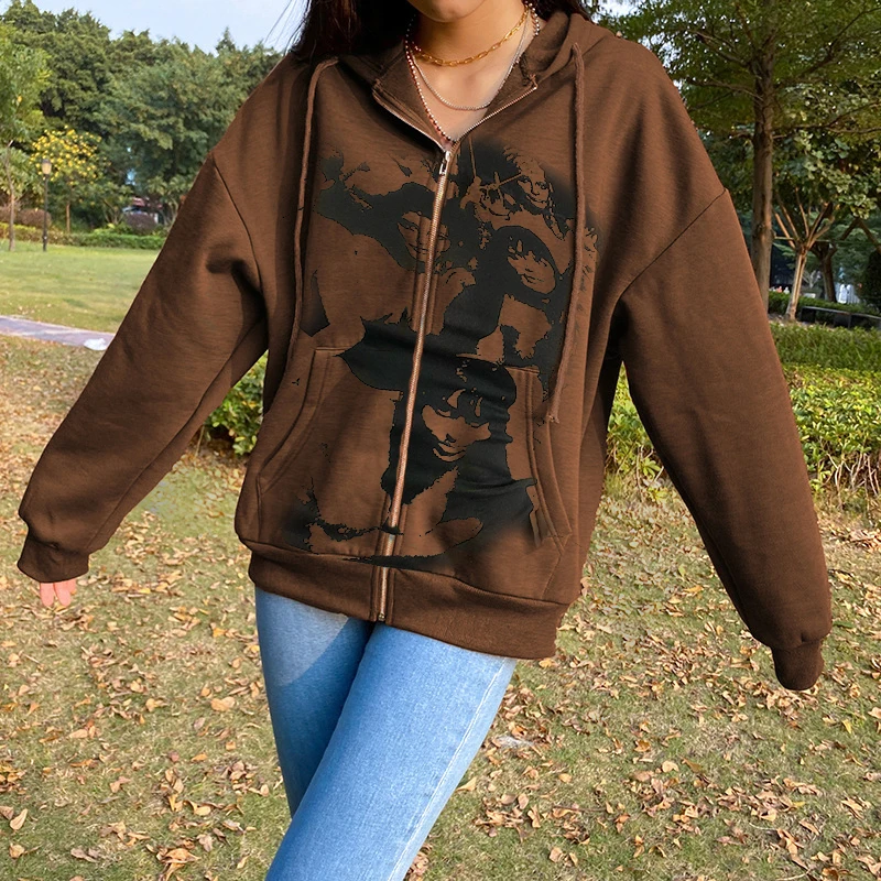 

Y2K Women Coat Portrait Print Long Hooded Tops with Zipper and Pockets for Spring Fall Brown Female Outfit Streetwear