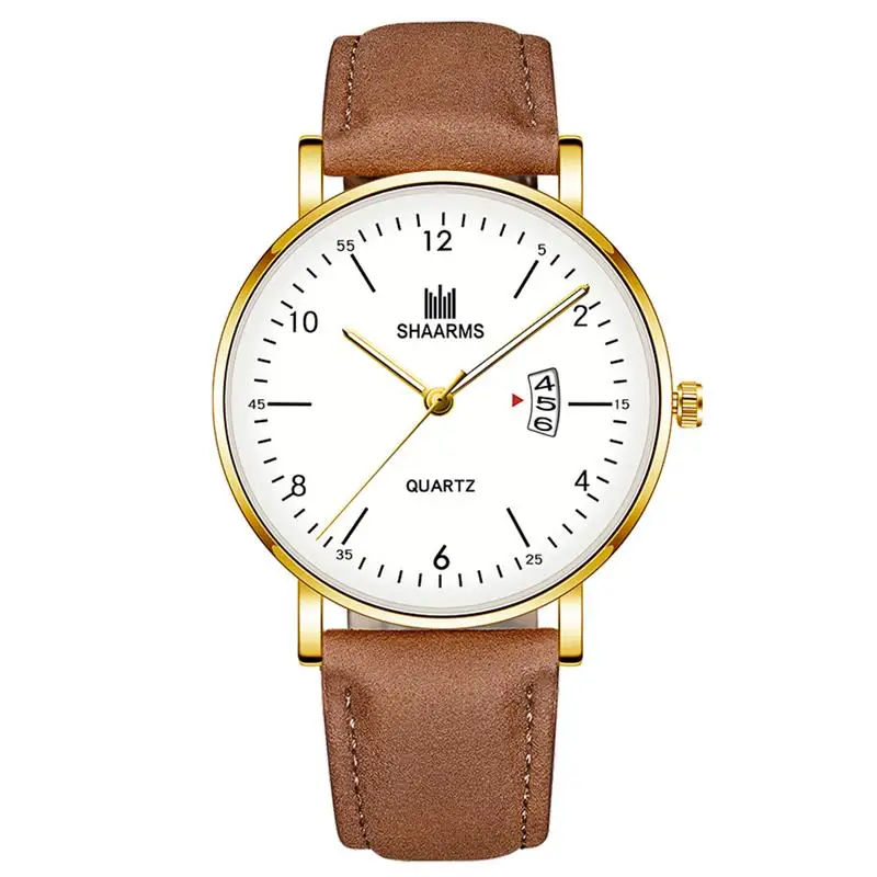 Модные мужские наручные часы с черным кожаным ремешком из нержавеющей стали