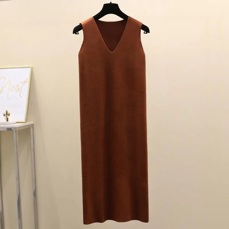 caramel color Женское платье осень-зима, элегантное платье без рукавов с v-образным вырезом, женское трикотажное повседневное облегающее длинное приталенное платье на бретелях H176 - Цвет: caramel color
