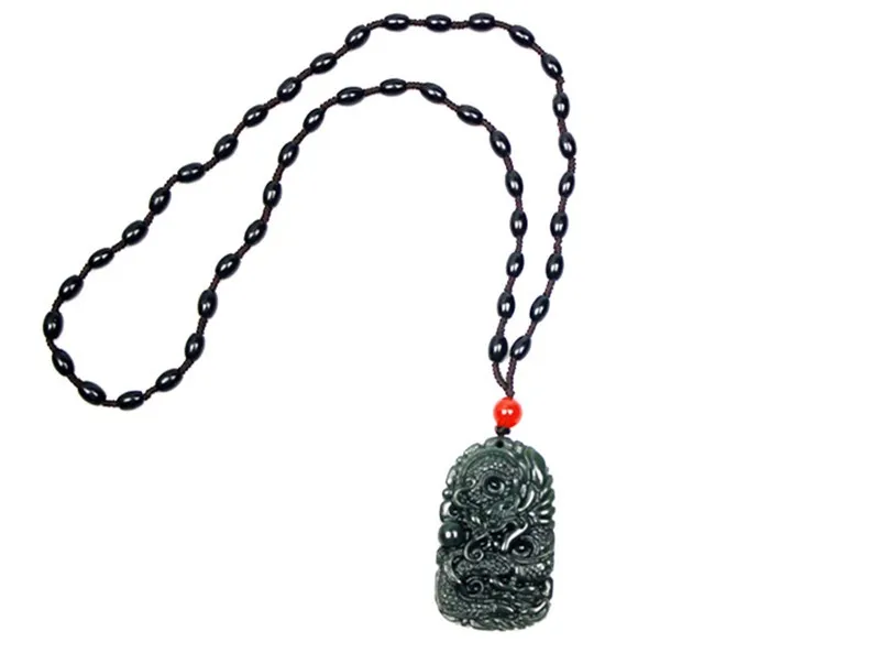 

New Green Hetian Stone Pendant 3D Carved Chinese Dragon Pendants With Beads Necklace Women Men's Amulet Nephrite